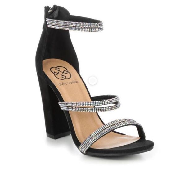 Daisy Fuentes RYATT Black Fabric Rhinestone Sparkle Heeled Sandals - Picture 1 of 16